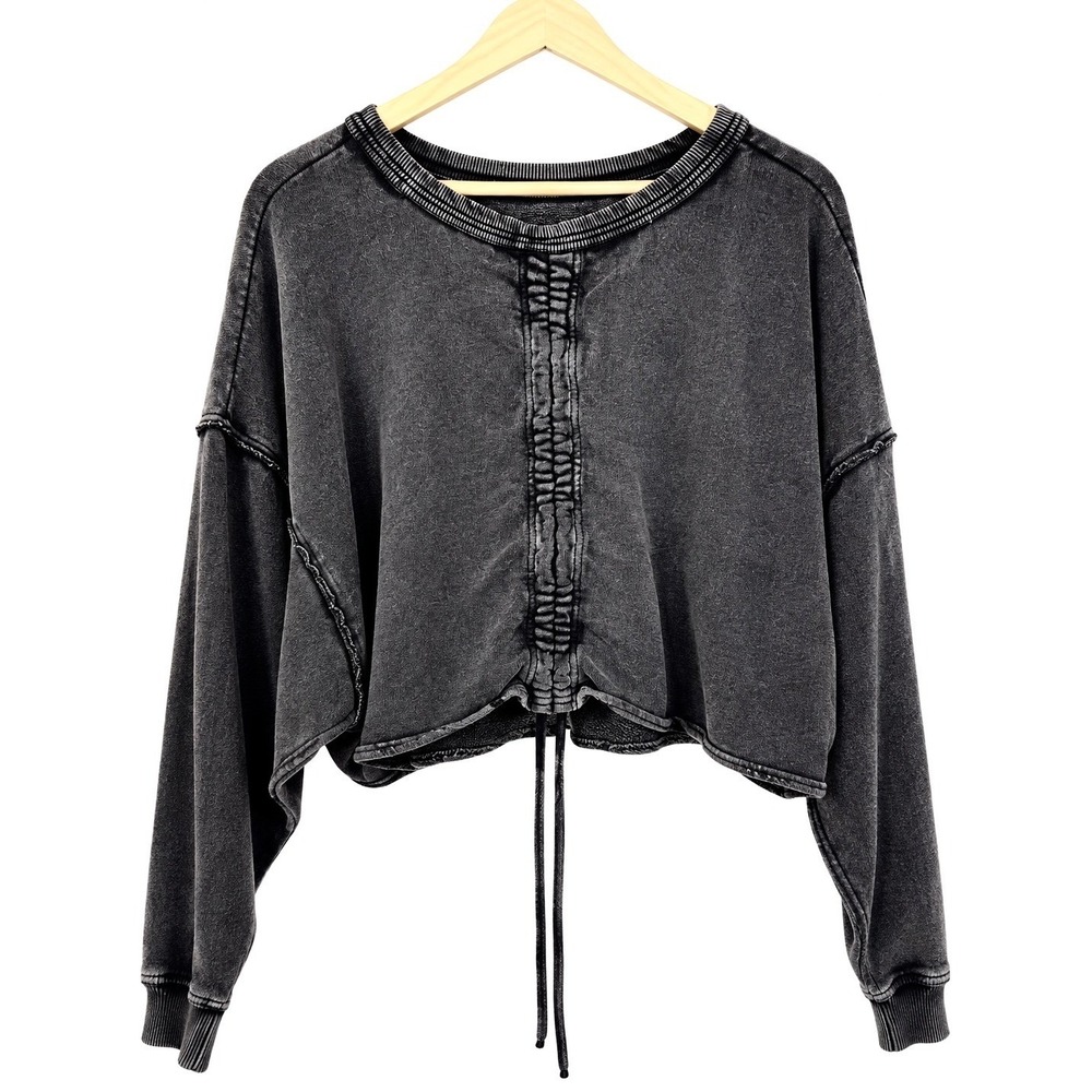 Free People Bae Pullover Dropped Shoulder Washed Black Ruched Drawstring - Picture 2 of 12